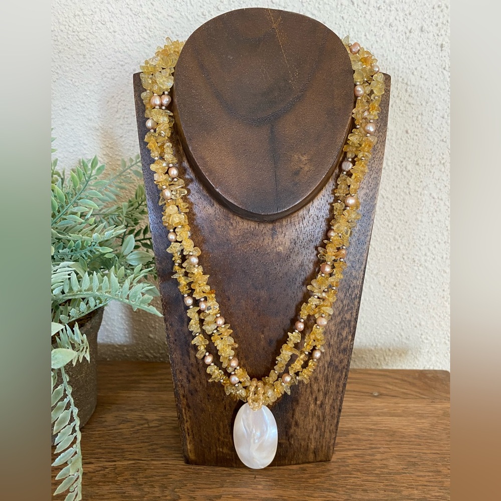 Lucas Lameth yellow chip Sterling Silver Clasp MOP Necklace Boho style rare